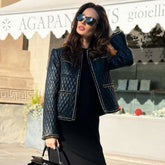 Veste matelassée en cuir végétalien à manches longues avec bordure en chaîne métallique pour motard